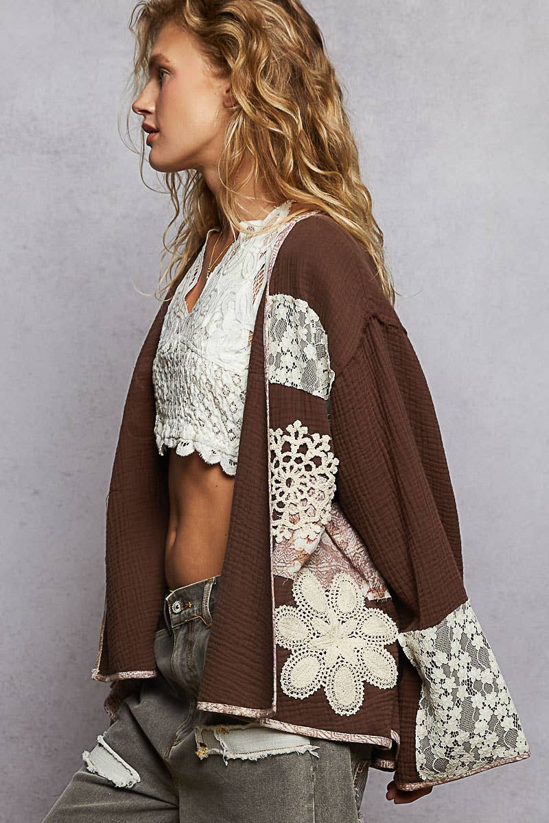 Pol Clothing - Wholesale Cardigan - Women's - Long sleeve double gauze crochet patch cardigan woven top17