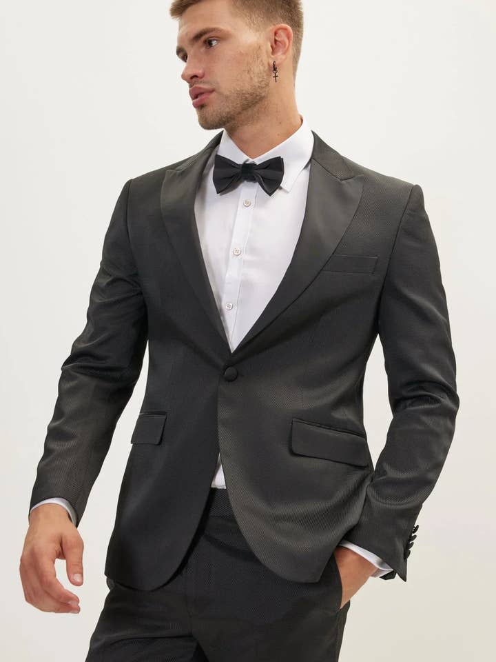 Men's Textured Peak Lapel Tuxedo - Black for wholesale by Ron Tomson