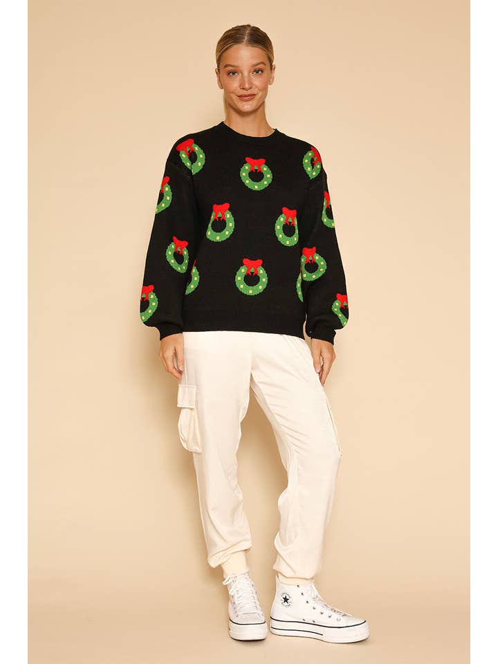 Black multi All over wreath holiday knit sweater for wholesale on Faire