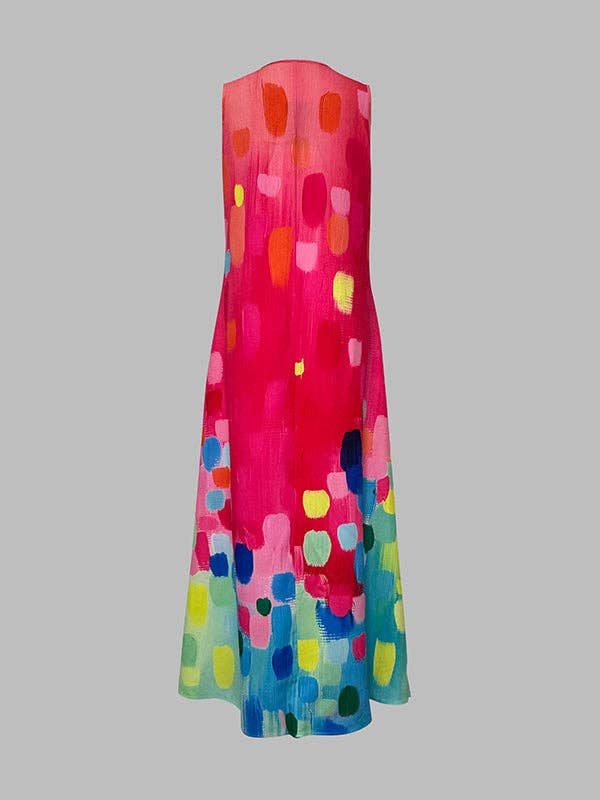 COLORFUL Loose Sleeveless Contrast Color Printed V-Neck Maxi Dresses for wholesale on Faire