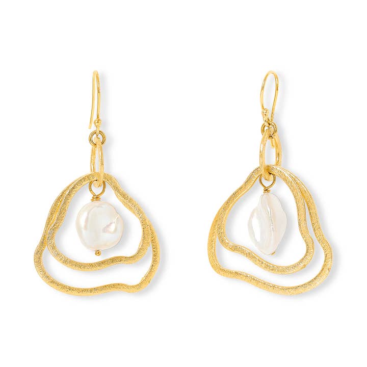 Gold geo-style earrings with cultured freshwater pearls for wholesale by Pearls of the Orient
