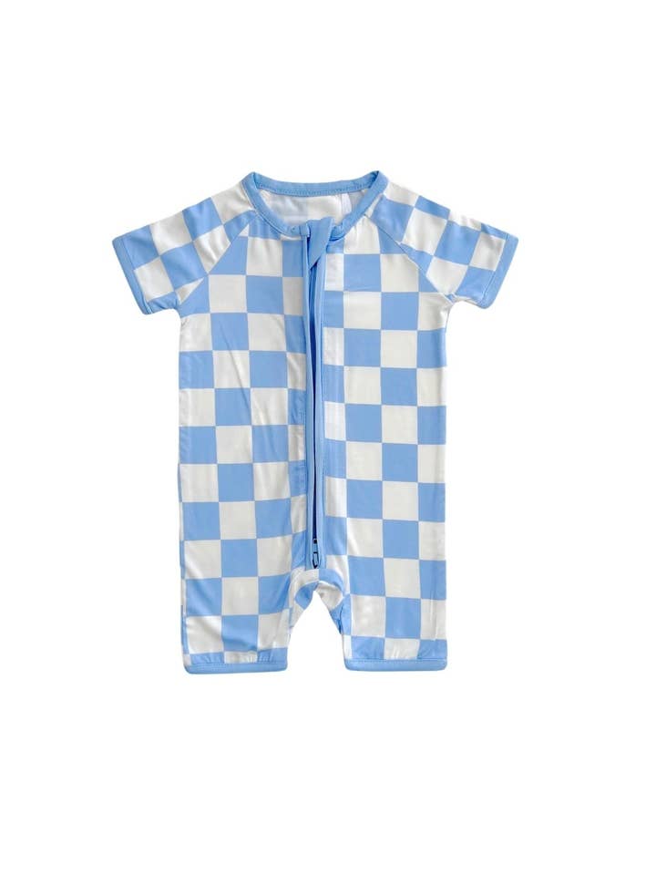 Lucky Panda Kids - Venta al por mayor Peto - Bebés - Mameluco corto de bambú para bebé | Cuadros azules