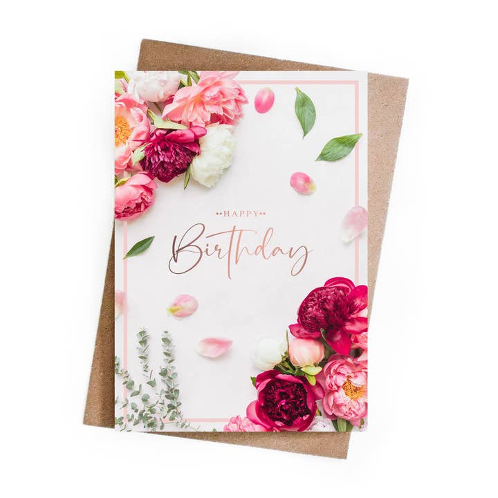 Happy Birthday Peonies Foiled Greeting Card for wholesale by Marina Walker