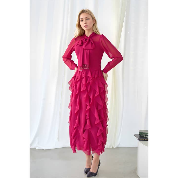 X0345LD Bow Tie Ruffle Tiered Midi Dress for wholesale by XHHH Inc