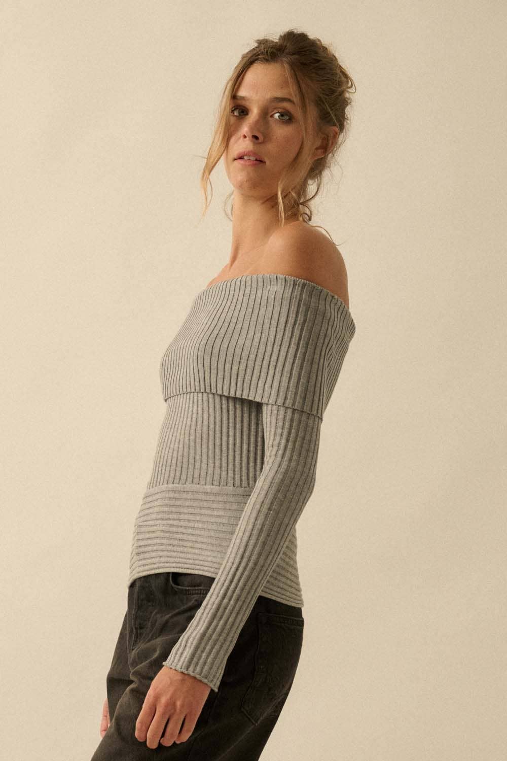 Promesa USA - Wholesale Knit Sweater - Women's - Sheer Rib-Knit Off-Shoulder Foldover Sweater10