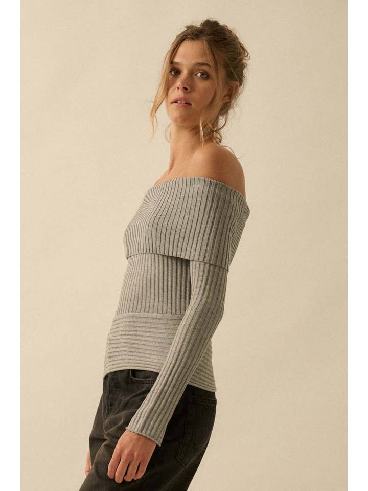Promesa USA - Wholesale Knit Sweater - Women's - Sheer Rib-Knit Off-Shoulder Foldover Sweater10