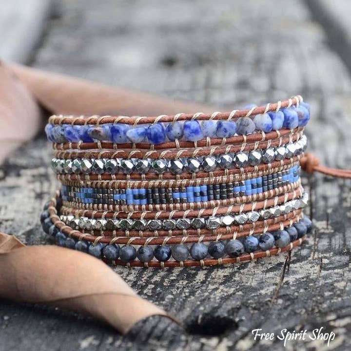 Blue Sodalite & Black Labradorite Beaded Wrap Bracelet for wholesale by Free Spirit Shop