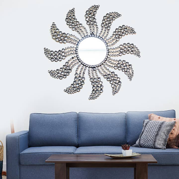 JRE Home Decor - Wholesale Wall Mirror - Crystal Sunburst Decor Mirror, Crystal Wall Accent Metal Art