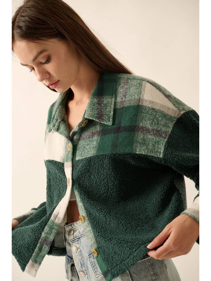 PINE GREEN Plaid Contrast Fur Button Front Yoke Front Shacket for wholesale on Faire