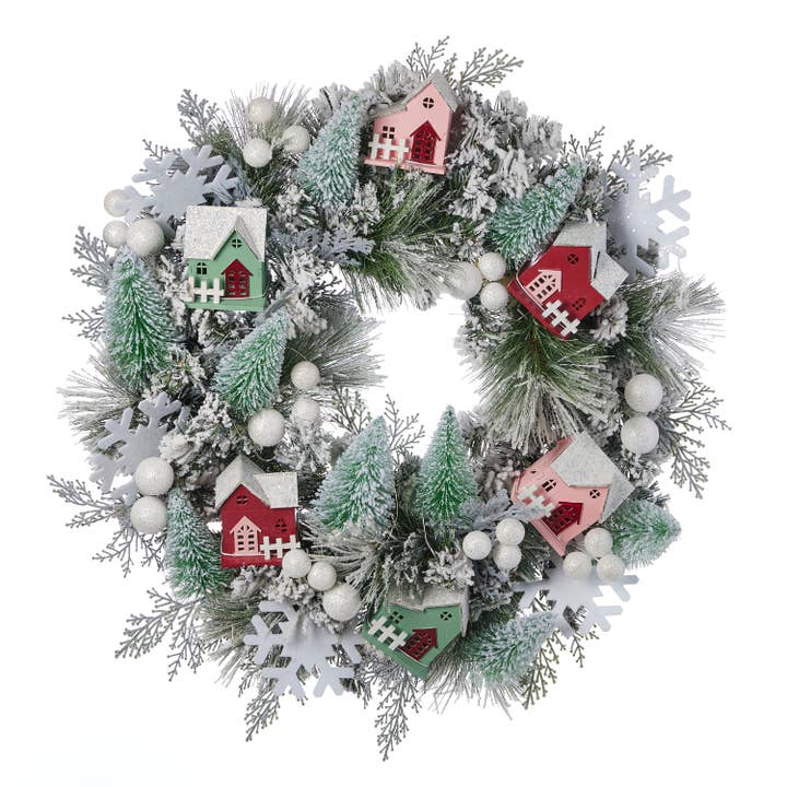 Seasonal LLC - Wholesale Wreath - Snowy Cottage Wreath 26in Pre-Lit (Battery-Operated)7