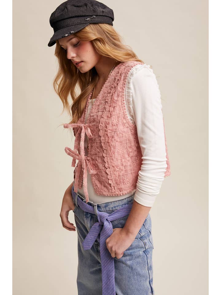 Listicle - Wholesale Outerwear Vest - Women’s - Embroidered Lace Tie-Front Vest LVT00917
