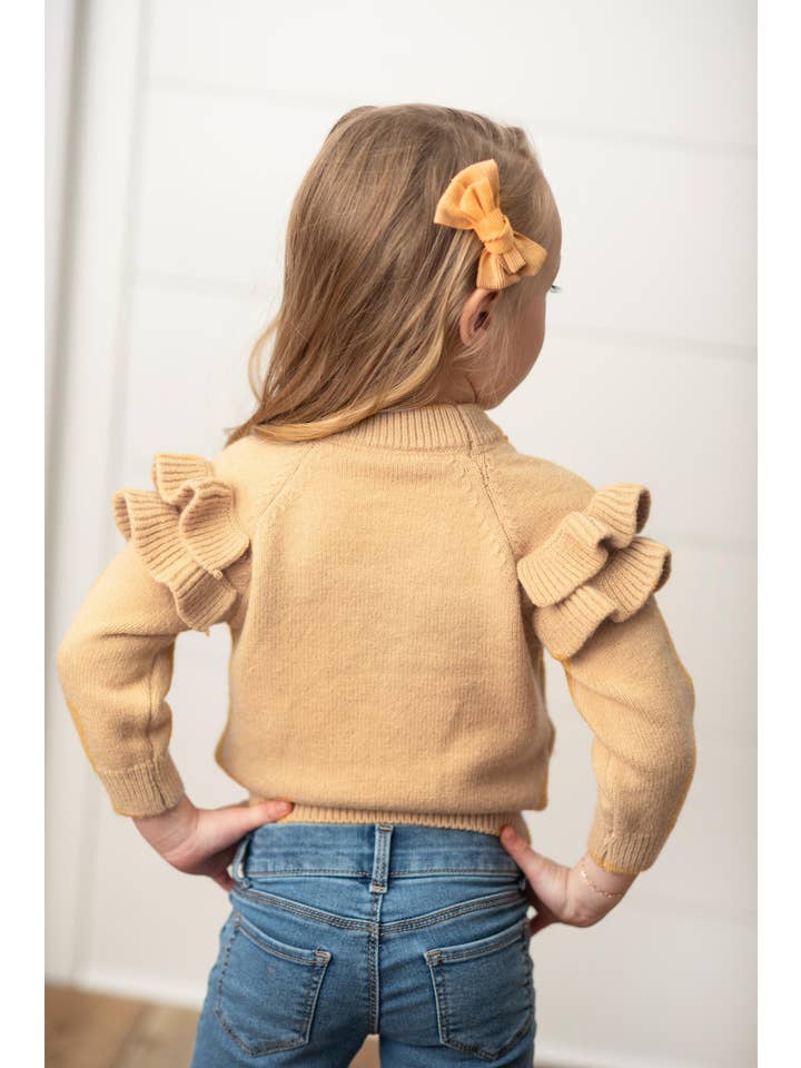 Oopsie Daisy - Wholesale Knit Sweater - Kids - Kids Tan Double Ruffle Crew Neck Fall Winter Sweater