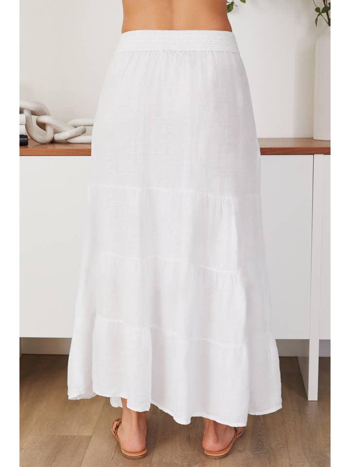White MINERAL WASH TIERED MAXI SKIRT(154125-WHITE) for wholesale on Faire