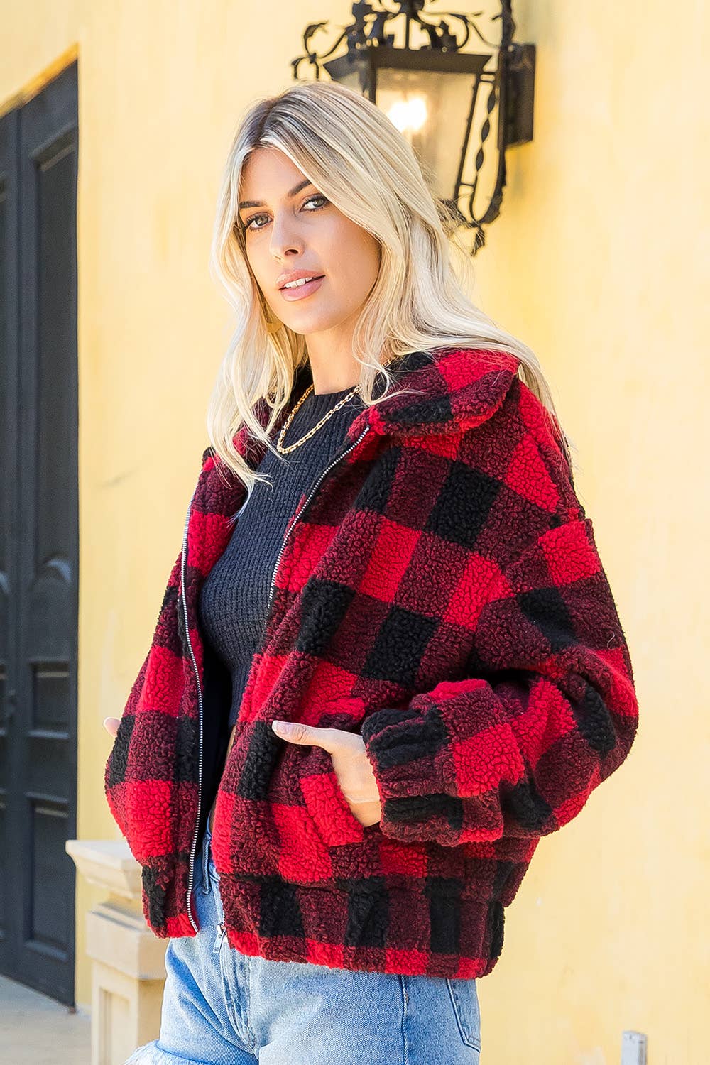 RED BLACK PLAID CHECKER ZIPPED JACKET for wholesale on Faire1