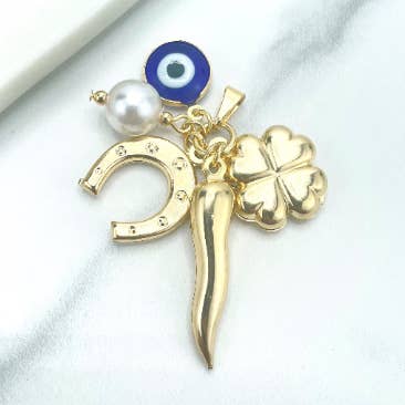 Luxus Accessories – wholesale Individuell berlock/hänge – 18k guldfylld klöver, onda ögon, hästsko, röd chili och simulerade pärldinglande berlocker0