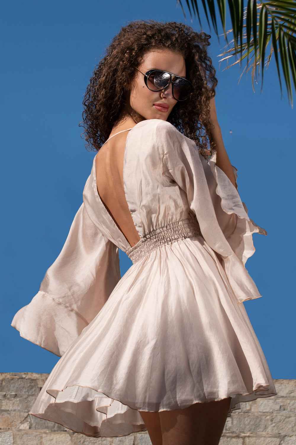 Fashion Roots - Wholesale Dress - Women's - SHORT LYOCELL DRESS WITH WIDE SLEEVES IN BEIGE - ESSENTIALS7