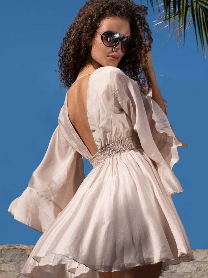 Fashion Roots - Wholesale Dress - Women's - SHORT LYOCELL DRESS WITH WIDE SLEEVES IN BEIGE - ESSENTIALS7