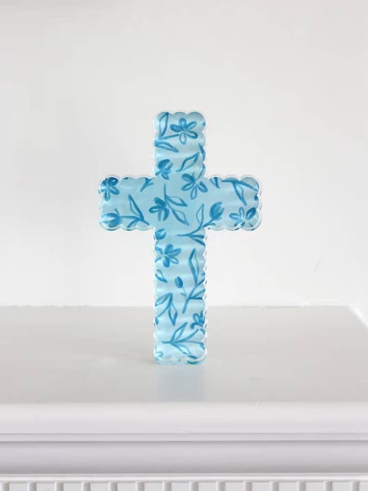 Blue Cross Acrylic Shelfie for wholesale by Dallis Foshee Art & Design, LLC