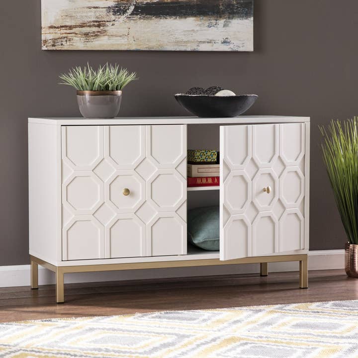 HomeRoots - Wholesale Cabinet - White and Gold Moroccan Dynasty Two Door Accent Cabinet