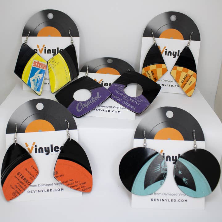 Set - 5 pair Vinyl Record Earrings - Medium & Large Dangle for wholesale by reVinyled