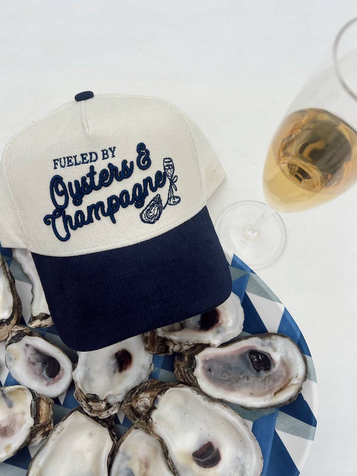 Oysters & Champagne - Navy Corduroy Trucker Hat for wholesale by KENZKUSTOMZ