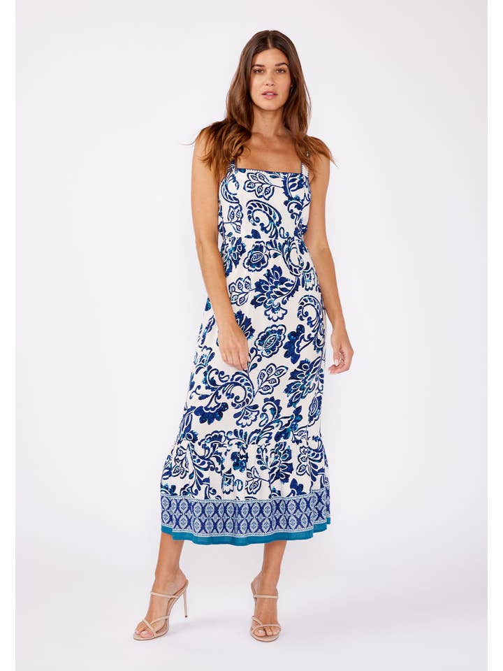 Vanilla Navy Blue Printed Tie Back Sleeveless Midi Dress for wholesale on Faire