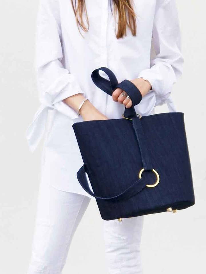 Premium Denim Bucket Tote Bag for wholesale by Shift in Season