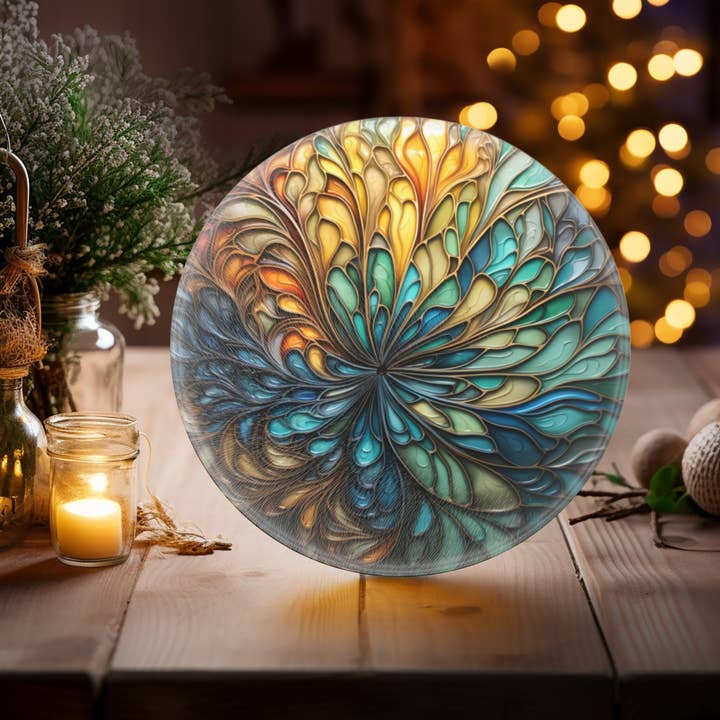 Tempered Glass Charcuterie Board with Abstract Art Design for wholesale by Fernville Creations