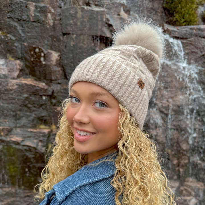 C.C Beanie - Wholesale Beanie - Women's - Woven Checkered Texture Pom C.C Beanie HTC0094