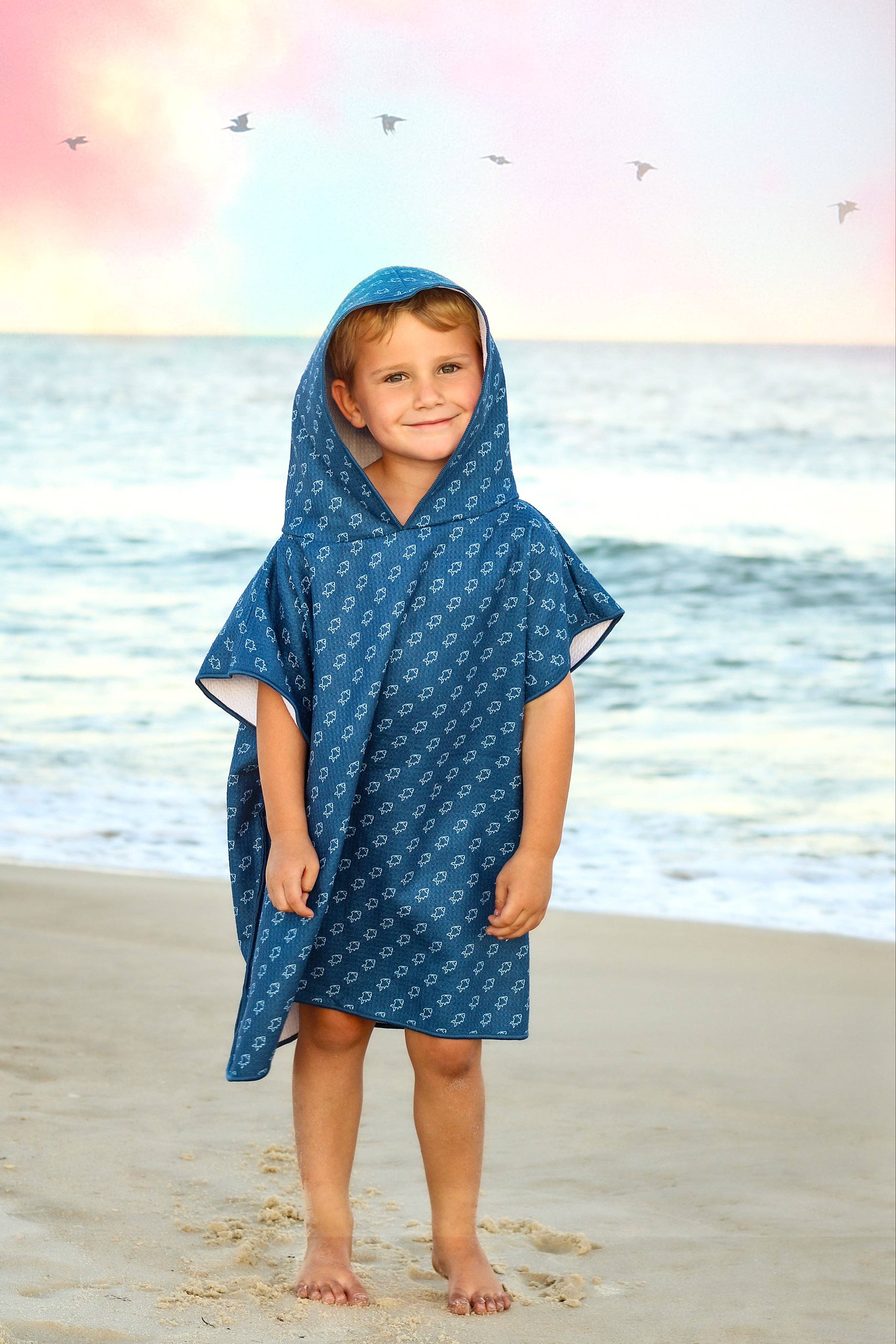 Keep the Littles Wild - Wholesale Hooded Towel - Kids & Baby - Microfiber blue fish waffle wearable towel1