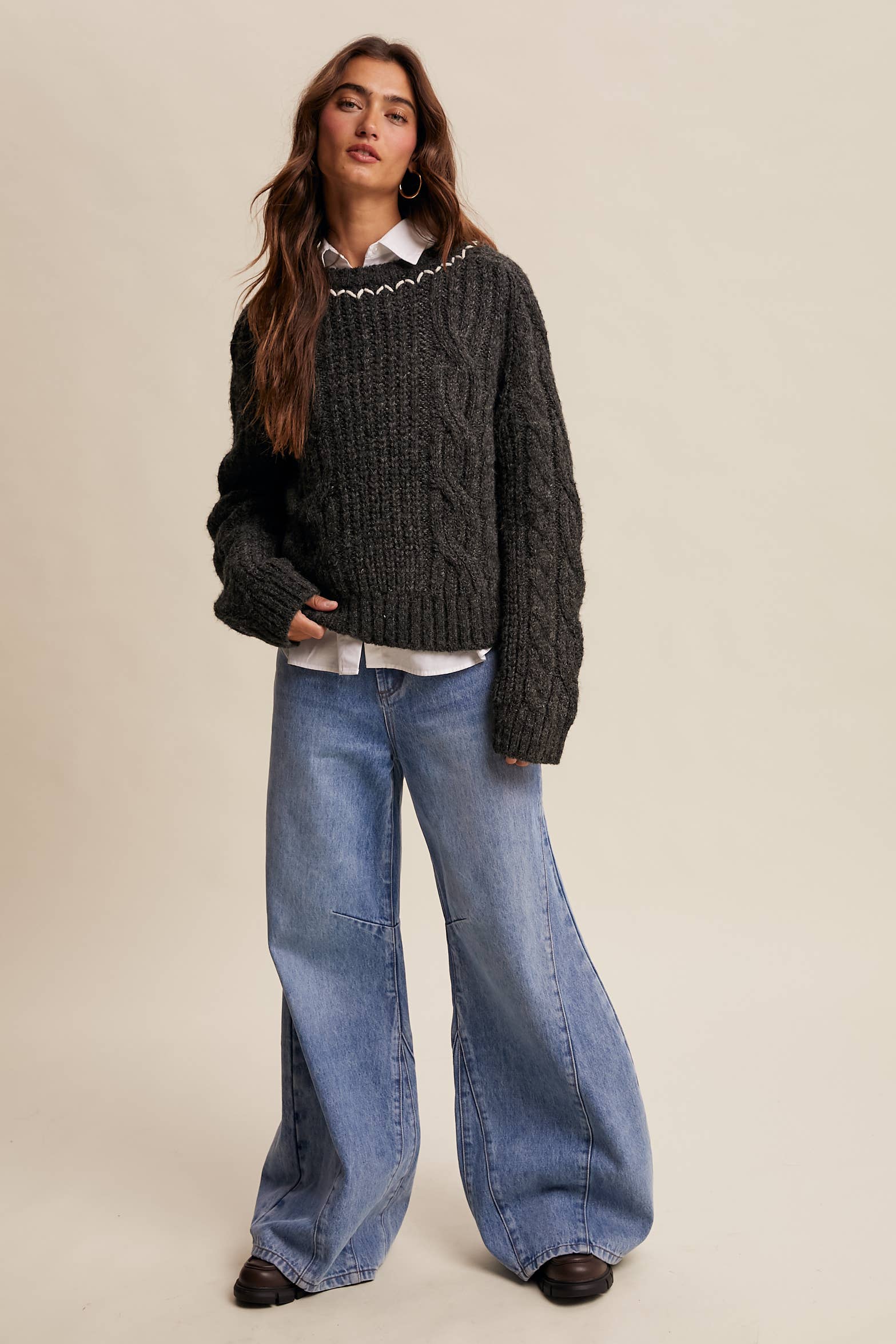 Listicle - Wholesale Knit Sweater - Women's - Contrast Stitch Cable Knit Sweater LSW1013 18