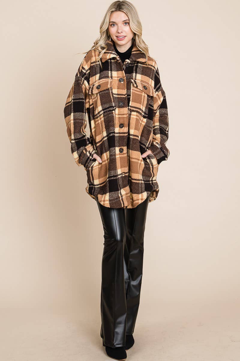 BNS - Wholesale Shirt Jacket/Shacket - Women's - Plaid Print Drop Shoulder Teddy Shacket w/Pockets11