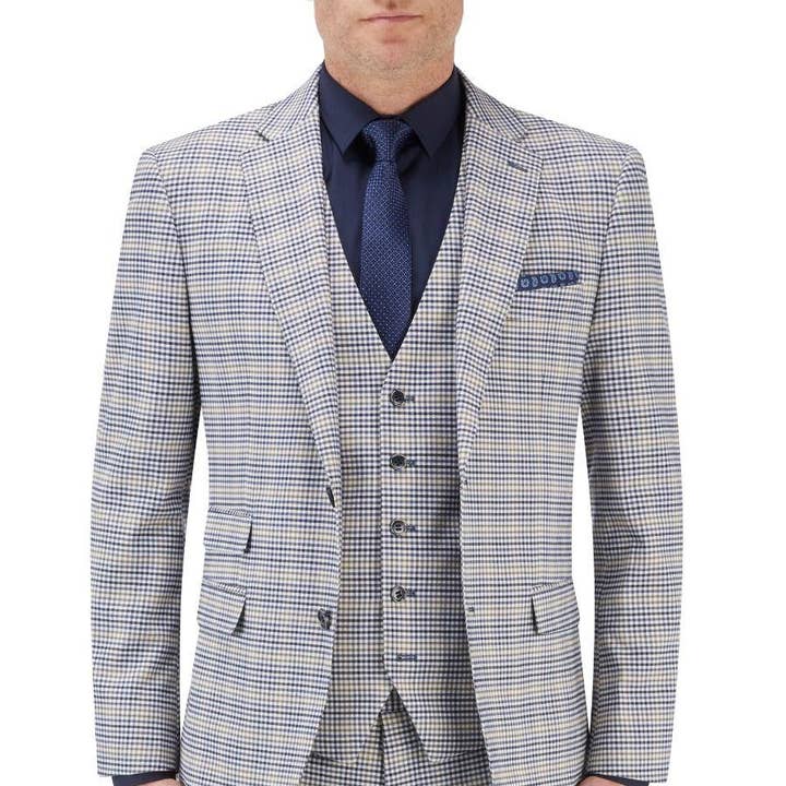 Skopes Men's Tailored Fit Suit Jacket Jacket Sturridge Puppy Tooth Cream-Navy for wholesale by Brooklyn Big & Tall