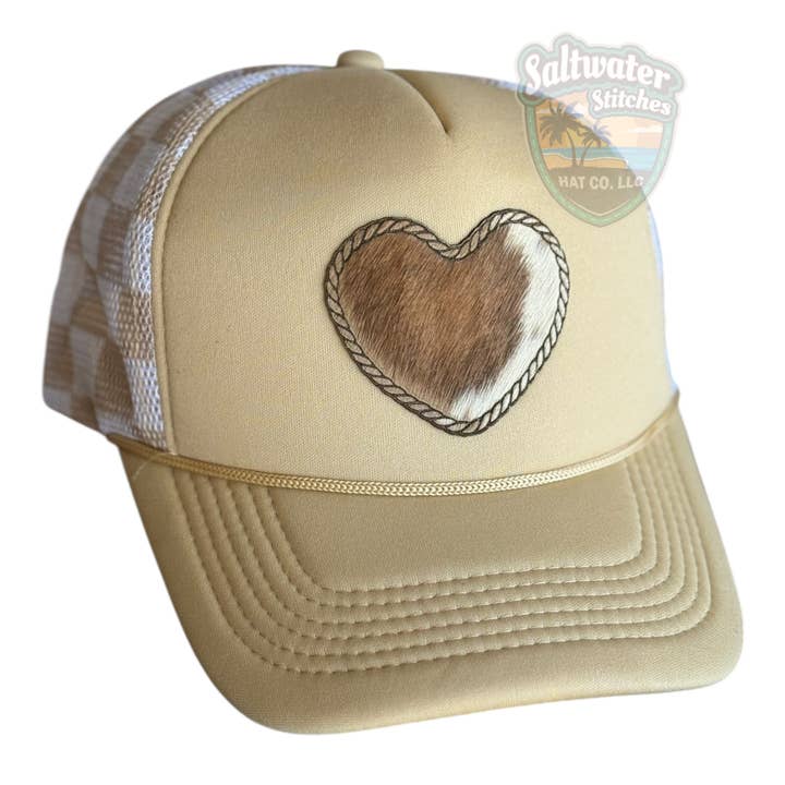 Cowhide Trucker Hat Heart for wholesale by Saltwater Stitches Hat Co LLC