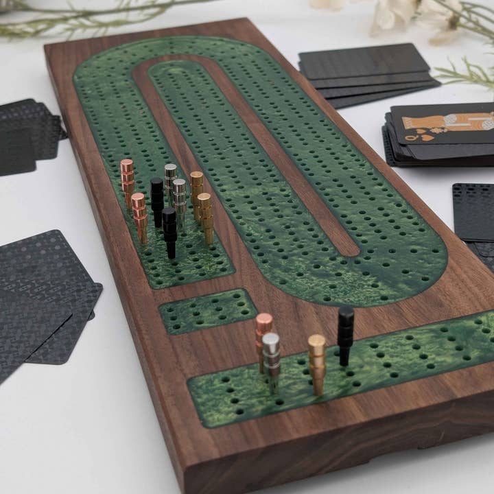 Four Lane Cribbage Board - Sage Green Resin Inlay for wholesale by EBONWOOD