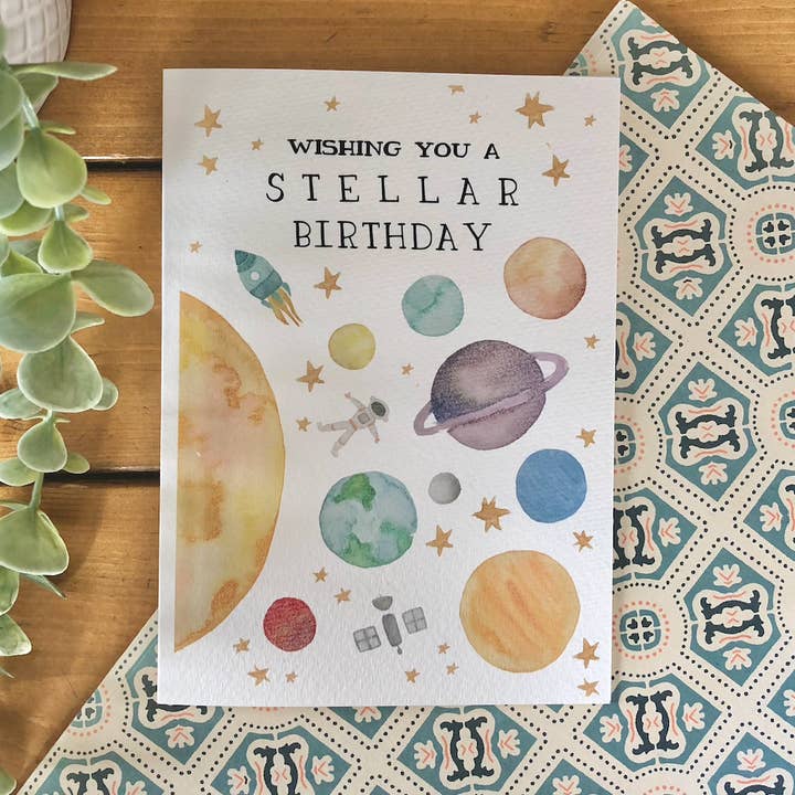 Birthday – “Stellar Birthday” Punny Solar System Space Card for wholesale by kenziecards