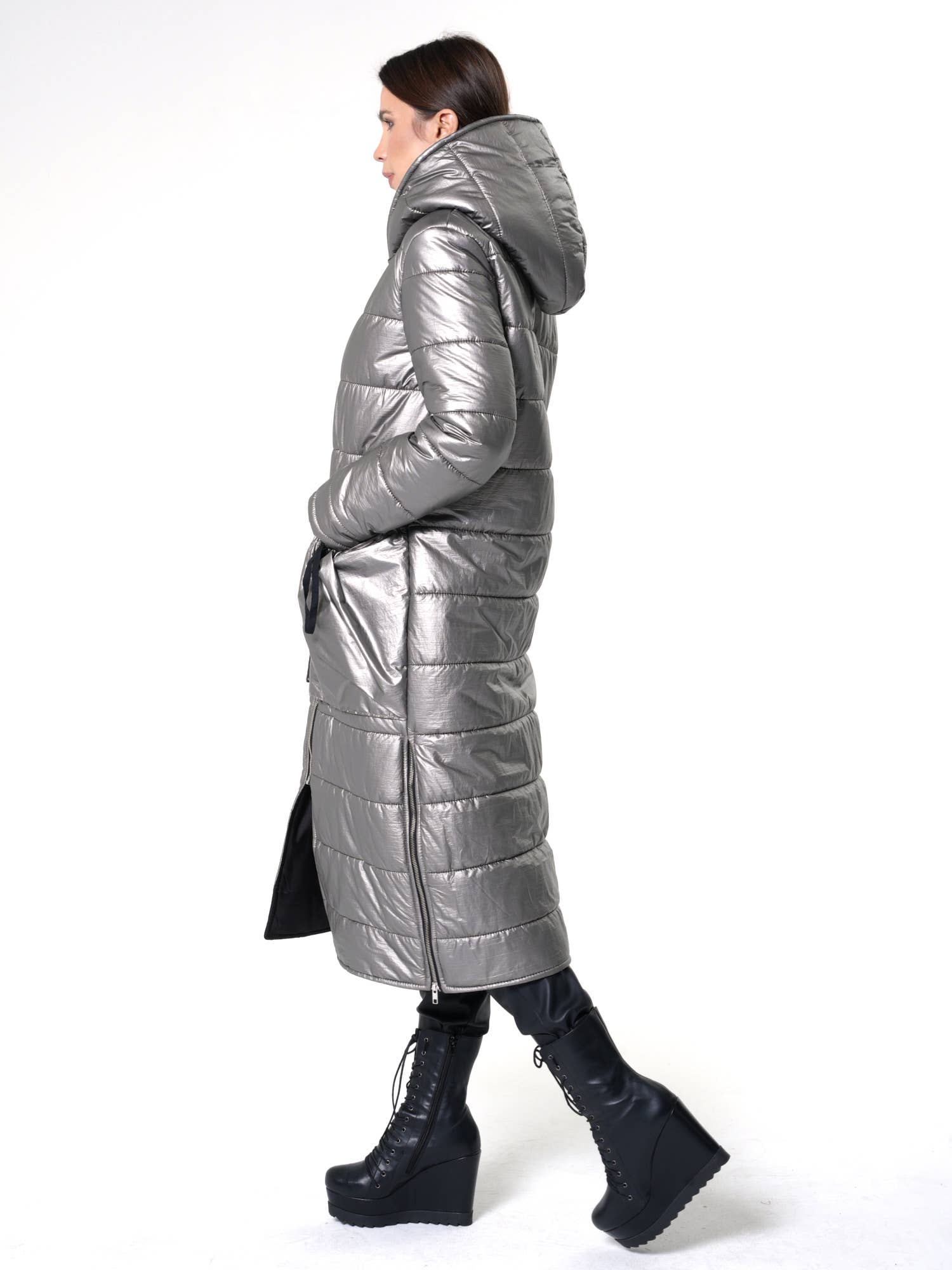 Metamorphoza - Wholesale Puffer Jacket - Women's - Long Silver Puffer Jacket With Oversize Pockets 7