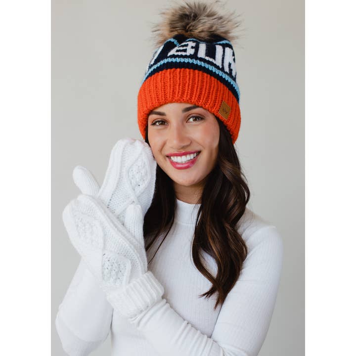 Panache Apparel Co. - Wholesale Beanie - Women's - Orange, Navy & Lt. Blue Ski Bum Pom Hat