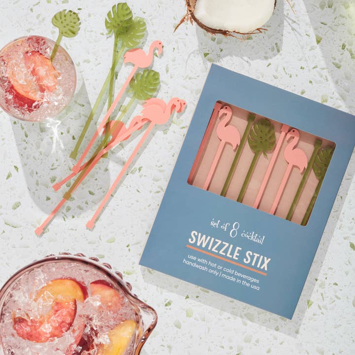 Mod Lounge Paper Company - Wholesale Drink Stirrer - Flamingo and Palm Beverage Mixing Swizzle Stir Sticks