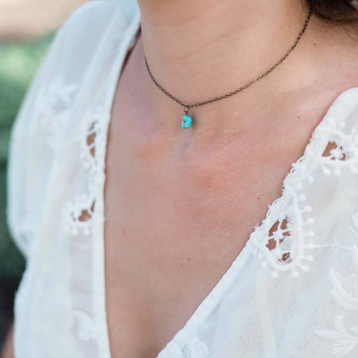 Tiny Rough Turquoise Gemstone Pendant Choker for wholesale by Luna Tide