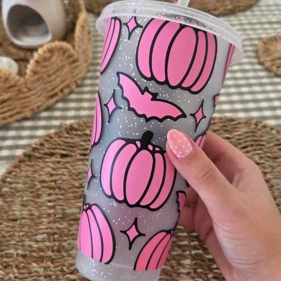 Autumn Halloween Pumpkin Bat Print Tumbler Venti Cold Cup 24oz - With Straw for wholesale by WinsterCreations™