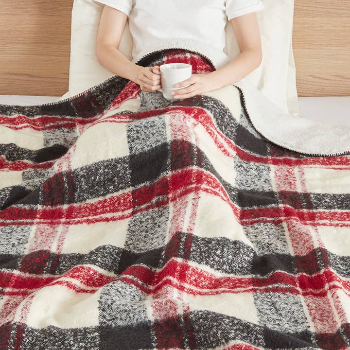 Plaid Faux Mohair Sherpa Throw Blanket 50x60", Red for wholesale on Faire1