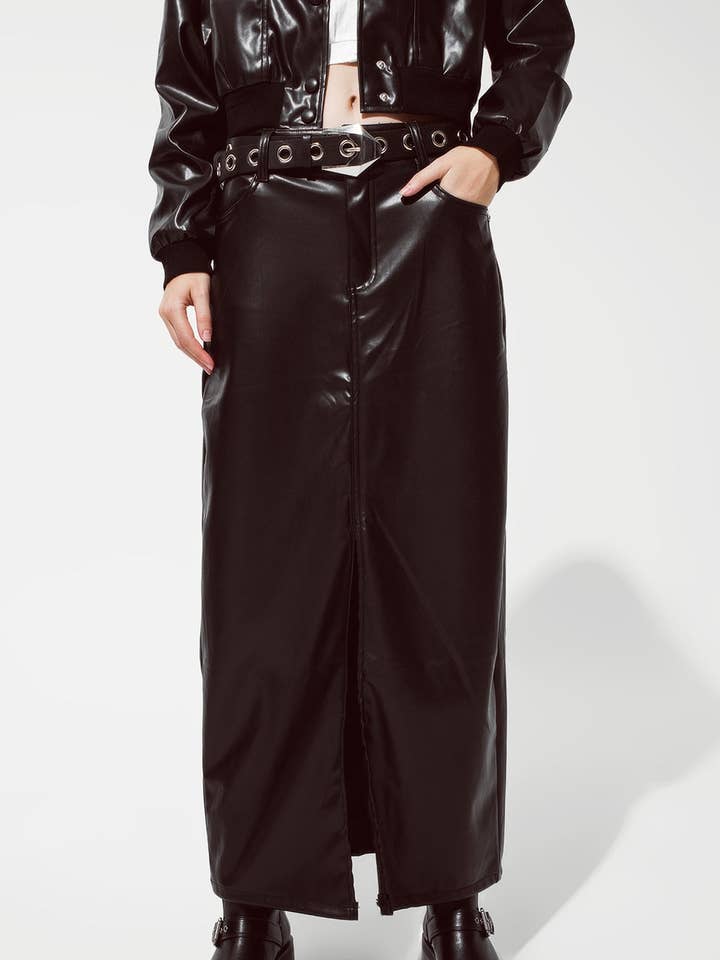 Maxi faux leather skirt with cut at the front for wholesale by Q2—All Orders:Free Duties for the US,UK,and Canada