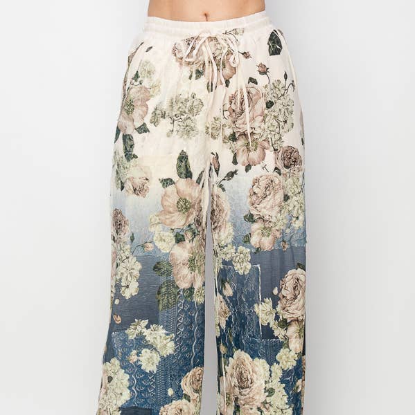 Relaxed Lace Patchwork Pants With Elastic Drawstring - 4703 BG/DD NAVY FL for wholesale by Origami Apparel ~ Lace and Crochet inspired