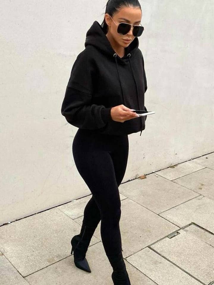 Black Oversized Matching Drawstring Rib Cuff & Hem Pocket Hoodie - Melissa for wholesale by Femme Luxe