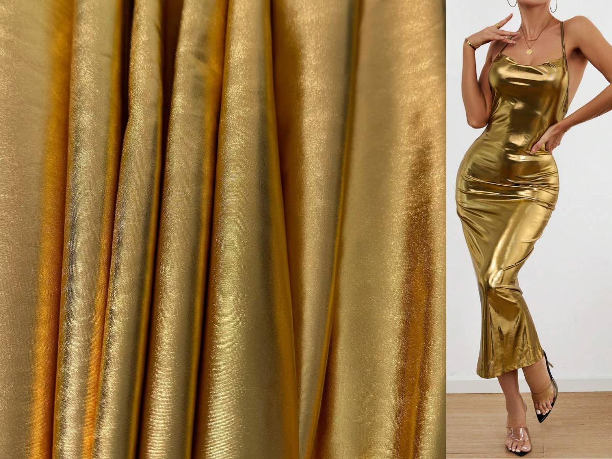 GalaTextile - Wholesale Fabric - Gold Spandex Lame Foil Stretch Metallic Fabric Gold Lame