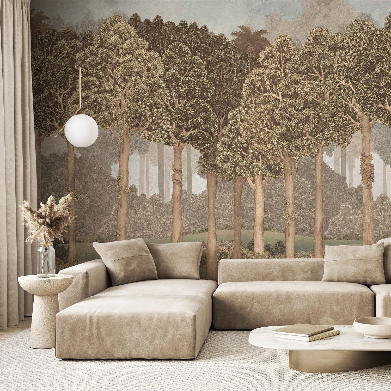 Walloro Luxury Embossed Wallpaper - Wholesale Wallpaper - Nature Scene Trees Wall Mural, Beige Forest Wallpaper, Large Landscape Custom Size Wall Covering, Non-Woven, Non-Pasted, Removable, Washable, Art1