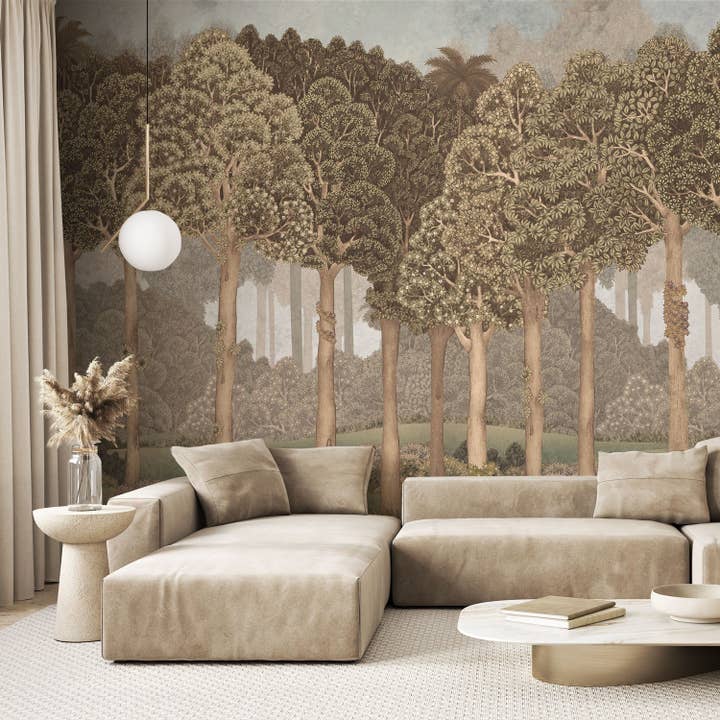 Walloro Luxury Embossed Wallpaper - Wholesale Wallpaper - Nature Scene Trees Wall Mural, Beige Forest Wallpaper, Large Landscape Custom Size Wall Covering, Non-Woven, Non-Pasted, Removable, Washable, Art1