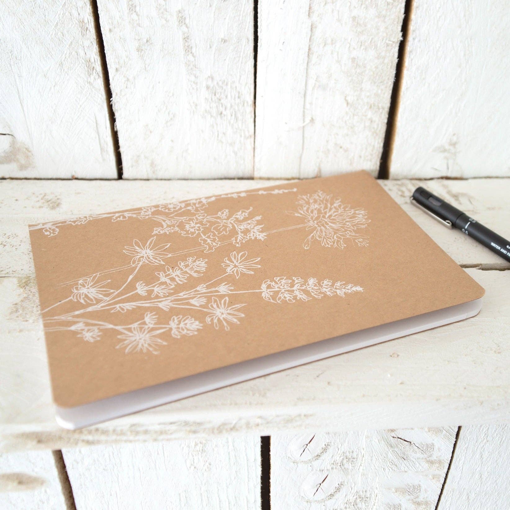Helen Round - hand printed linen (US Duties Paid) – wholesale Notebook – Notebook With Plain Paper - Handprinted Garden Flowers Cover1