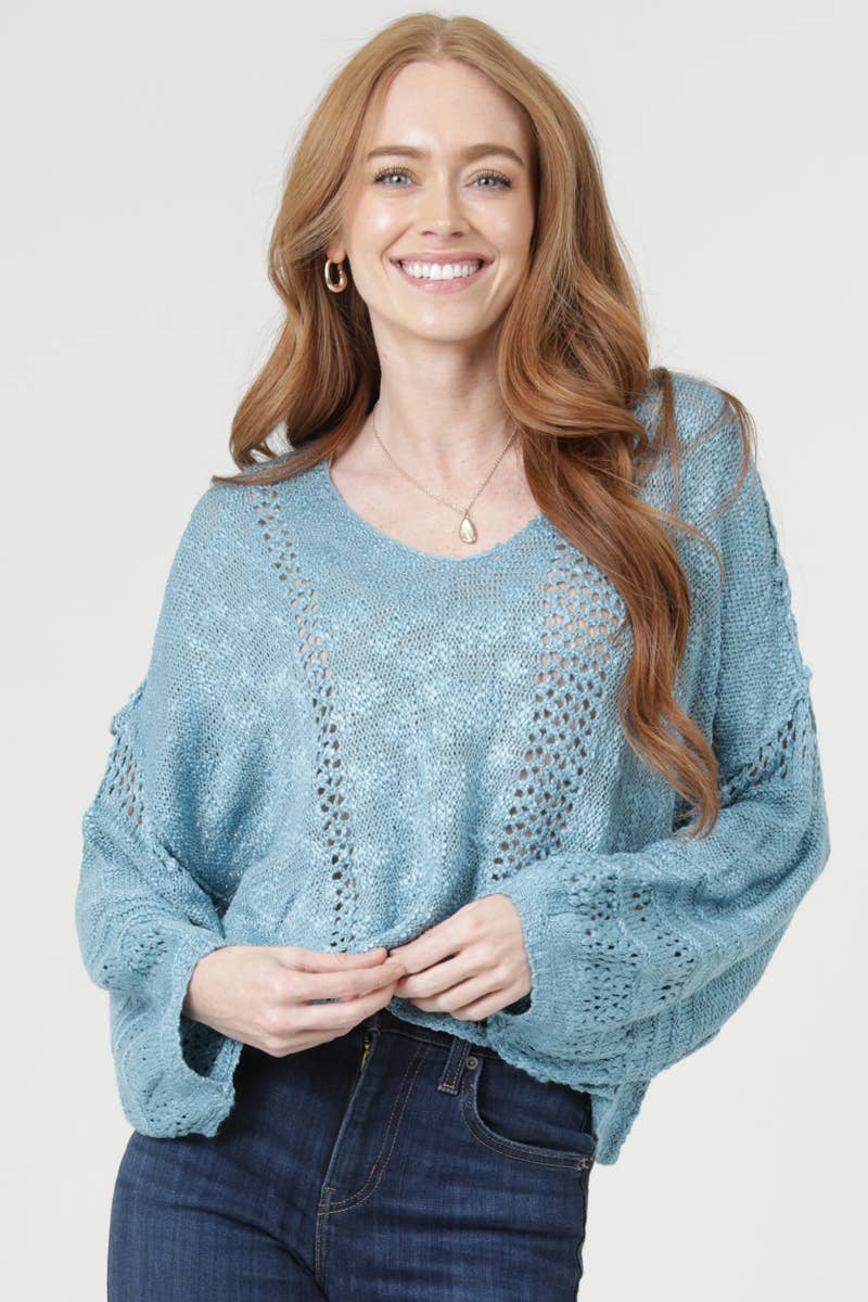 ANGIE - Wholesale Knit Sweater - Women's - XHE55-ASIS BEACHY LIGHT WEIGHT V NECK CROP PULLOVER SWEATER44